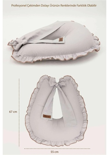 Mordesign Fırfırlı Emzirme Yastığı, Bebek Destek Minderi, Hamile Yastığı, Pamuk Kumaş, Ruffle Seri, Gri Zg10198