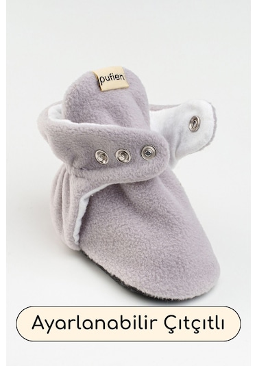 Organik Pamuk Astarlı, Bebek İlk Adım Ayakkabısı, Kaydırmaz Taban, Bebek Pandufu, Bej Patik Gri