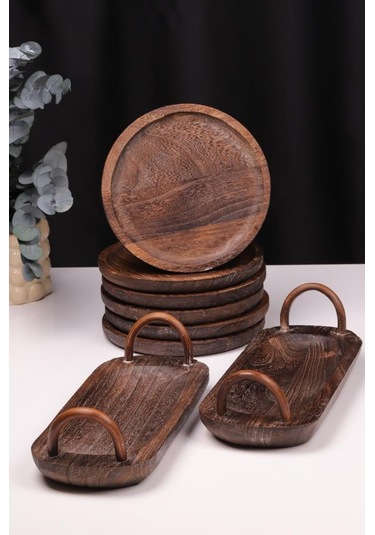 Bambum 8 Parça Pavlonya Obsidian Ahşap Sunum Seti Yuvarlak Ve Dikdörtgen Ayaklı Servis Tabaklar Ahşap