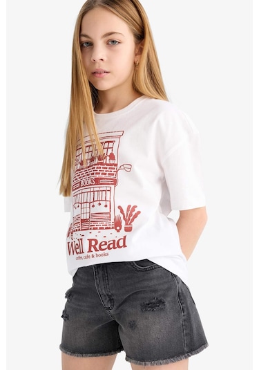 DeFacto Relax Fit Bisiklet Yaka Baskılı Kısa Kollu Kız Çocuk Tişört E0355A825SMWT34 - Beyaz