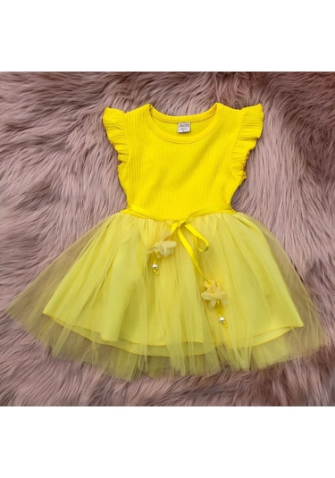 Kız Çocuk Sarı Doğum Günü Özel Gün Günlük Pamuklu Tül Prenses Elbise Sarı