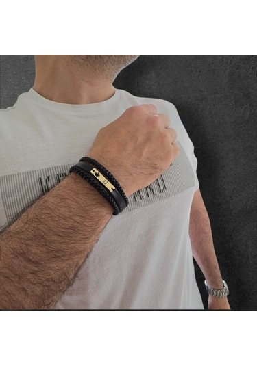 Archin Ğ Harfine Özel Hakiki Siyah Derili 14 Ayar Altın Plakalı Taç Motifli Hediye Bileklik-397harf Ğ