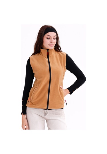 Monox Kadın Slim Fit Tam Fermuarlı Polar Yelek Kahve