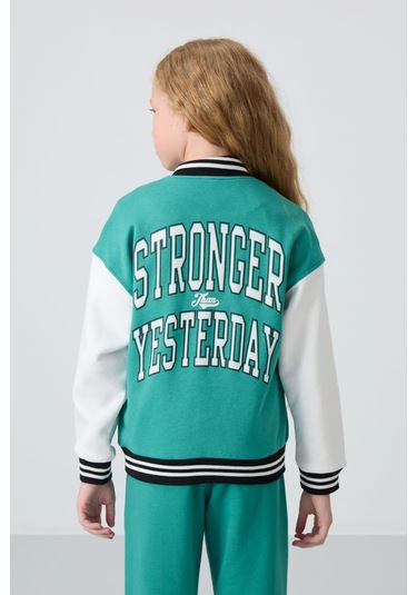 Tommy Life Deniz Yeşil Pamuklu İçi Tüylü Yumuşak Dokulu Standart Fit Nakışlı Kız Çocuk Kolej Ceket - 75163 Yeşil