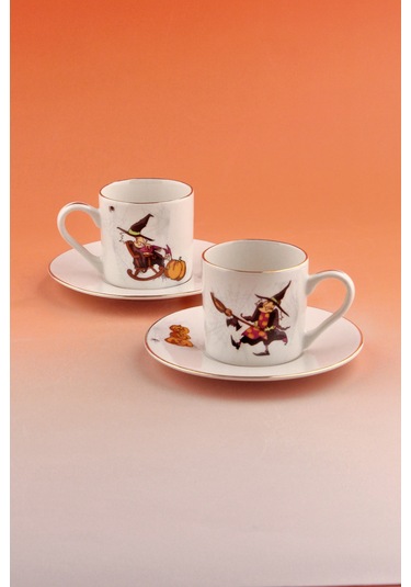 Halloween Altın Yaldızlı İki Kişilik Kahve Fincan Takımı Beyaz