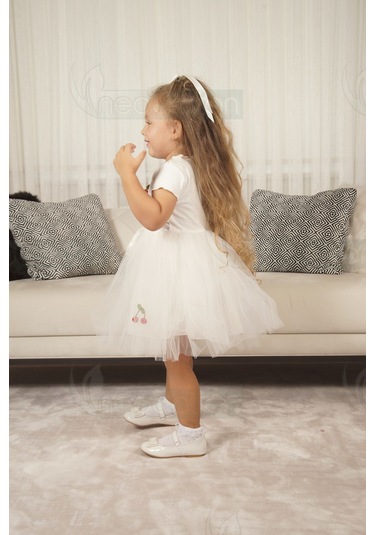 Tüllü Astarlı Esnek Kirazlı Elbise Kısa-beyaz Beyaz