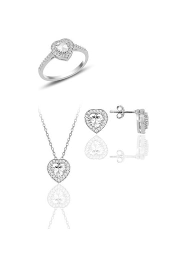 Gümüş Rodyumlu Zirkon Taşlı Kalp Kolye Küpe Ve Yüzük Üçlü Set