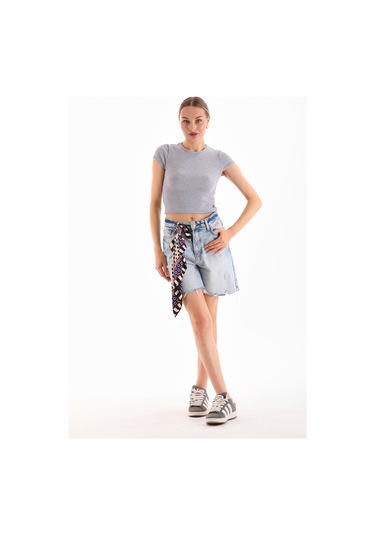 Kadın Likralı Kısa Kol Crop Bluz Gri