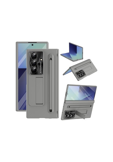 Samsung Galaxy Uyumlu Z Fold7 5g Kılıf Pc Cep Telefonu Kılıfı, Ayaklı Ve Kalemli - Gri Gri