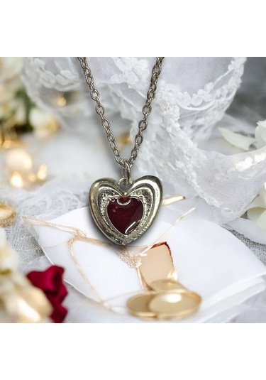 Kalp Mineli Kadın Detaylı Kırmızı Gümüş Kolye 60 Cm Zincir Çok Renkli
