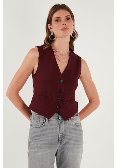 Lela Streç Fitted Fit V Yaka Düğmeli Bayan Yelek 5865971 Bordo