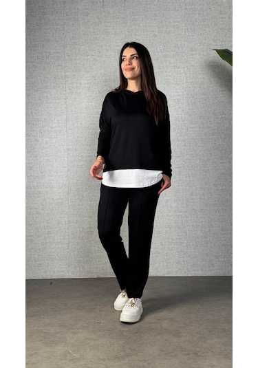 S-pazarım Kadın Uzun Kollu Kapşonlu Bağcıklı Viskon Iki Iplik Bluz Ve Pantolon Ikili Takım Siyah