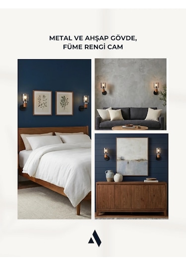 Elyra Modern Dekoratif Duvar Aplik Ahşap Detaylı Camlı Aydınlatma Füme