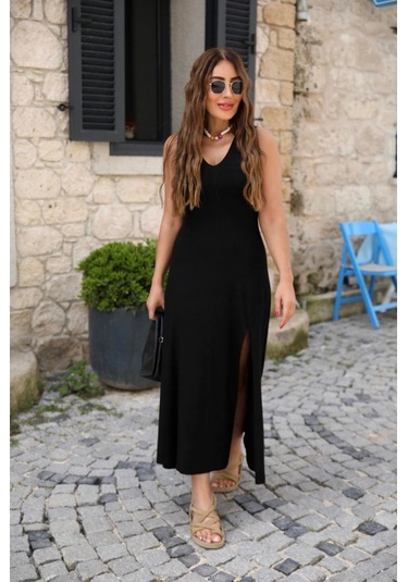 Kadın Kalın Askılı V Yaka Yırtmaç Detay Viskon Elbise Siyah