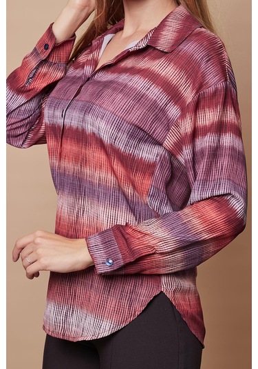 Kadın Desenli Yakalı Düşük Omuzlu Uzun Kol Şık Ofis Gömlek-Kiremit Çizgi Kiremit Çzg.