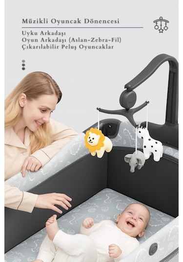 Kiwi Wildnest 3in1 Anne Yanı Park Yatak Katlanır Beşik, Tekerlekli, Yan Açılır, Müzik+oyuncak+cibinlik