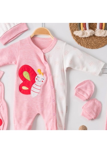Candar 3 Ay Kelebek Nakış Tulumlu Kız Bebek 5'li Set Pembe