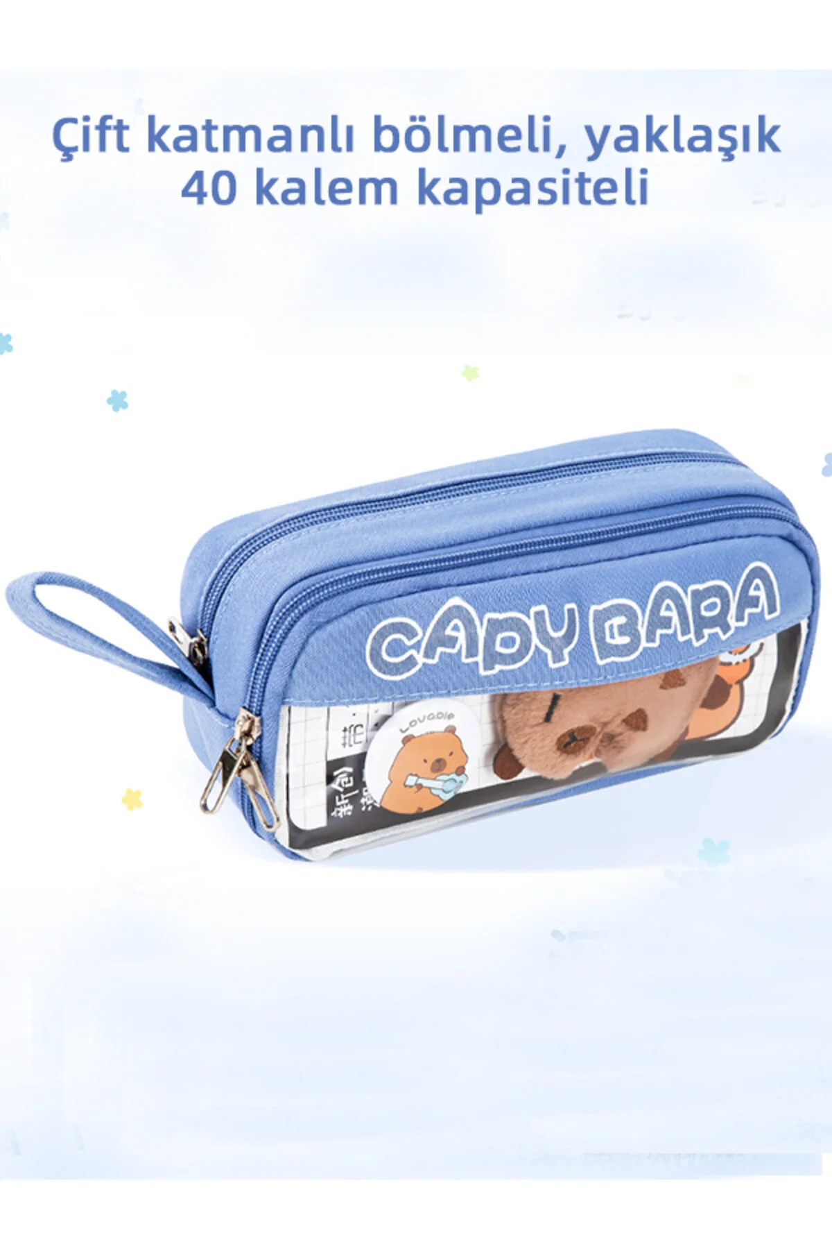 Capy Bara-40 Kalem Kapasiteli Çift Katlı Kalemlik Rastgele Broş & Oyuncak Mavi