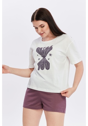 Bella Dossi Pamuklu Kısa Kollu Baskılı Kadın Şortlu Yazlık Pijama Takımı Mürdüm Beyaz Beyaz - Mürdüm