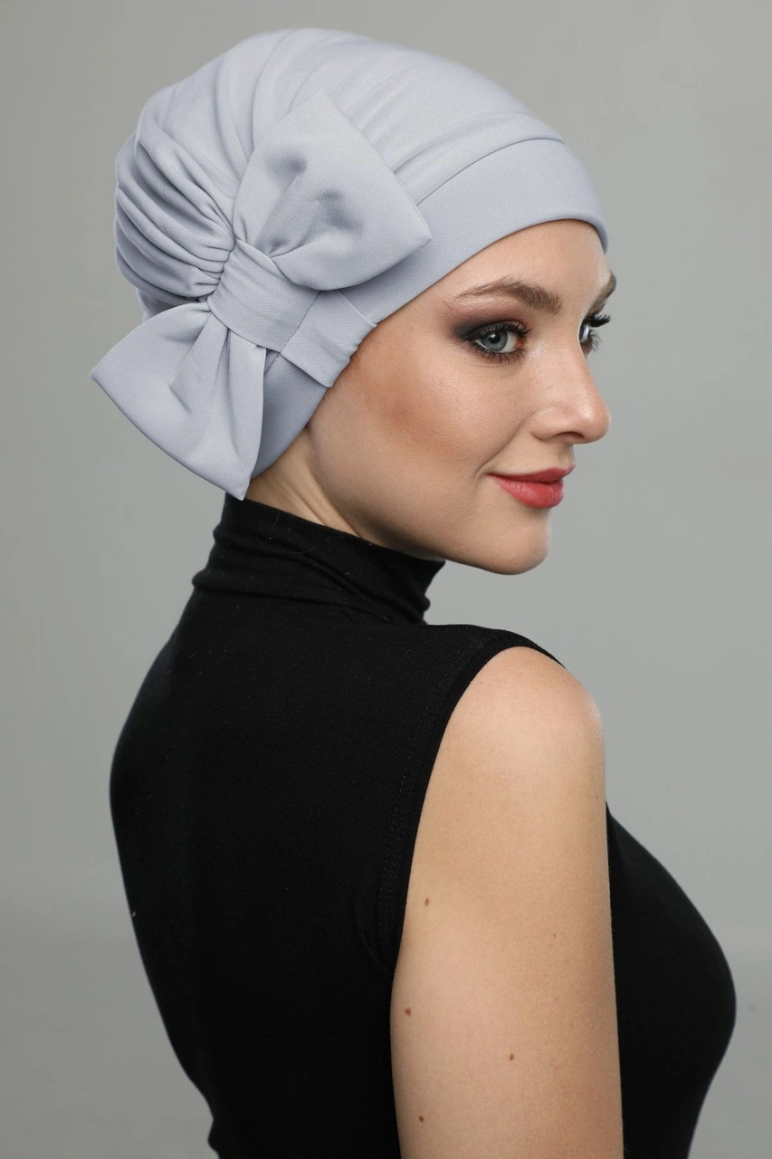 Fiyonklu Açık Gri Hazır Türban Tesettür Havuz Bonesi Açık Gri