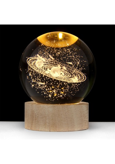 Mufunye 6cm Dünya Kristal Top + 6cm Yuvarlak Isımsı Işıklı Ahşap Tabanlı Usb Güneş Sistemi 3d Işıklı Masaüstü Dekoratif Aydınlatıcı Hediyelik Ürün