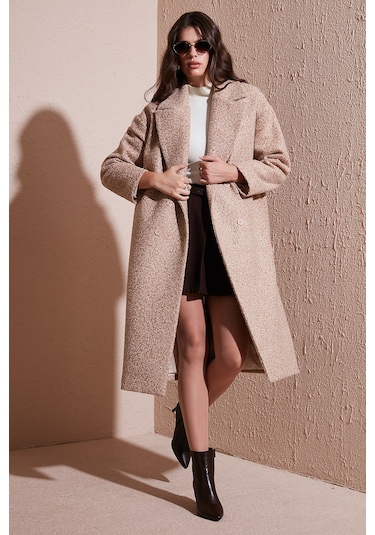 Lela Oversize Fit Mono Yaka Düğmeli Buklet Uzun Kaşe Bayan Kaban 6810236 Bej