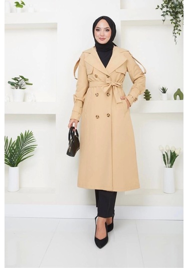 Kruvaze Yaka Bondit Kumaş Trençkot / M0106 - Camel Metalik Camel