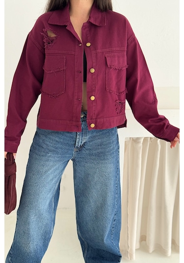 Kadın Yırtık Detaylı Crop Ceket Dinamik & Sokak Stili Bordo