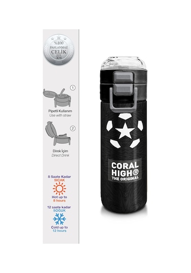 Coral High Kids Siyah Futbol Desenli Pipetli Ve Direkt İçim Çelik Termos 500 Ml 31898 Siyah - Beyaz