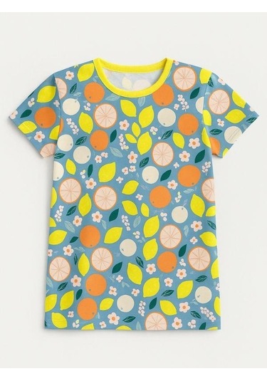 Kız Çocuk Pamuklu Meyve Desenli Kısa Kol Pijama Takımı-16027 Mavi