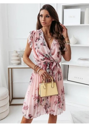 Yaz Kadın Fırfırlı Kısa Kollu V Yaka Dijital Baskılı Elbiseler Pembe