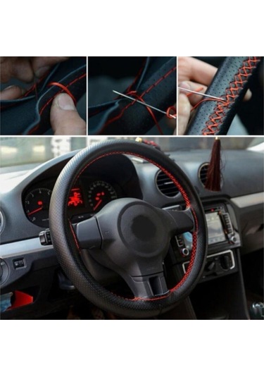 Direksiyon Kılıfı Deri Dikişli Yumuşak Kokusuz Dikmeli Noktalı - Kırmızı