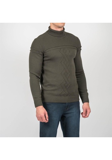 Erkek Tam Boğazlı Örgü Desenli Slim Fit Kazak Ncs Jeans 3659-Haki