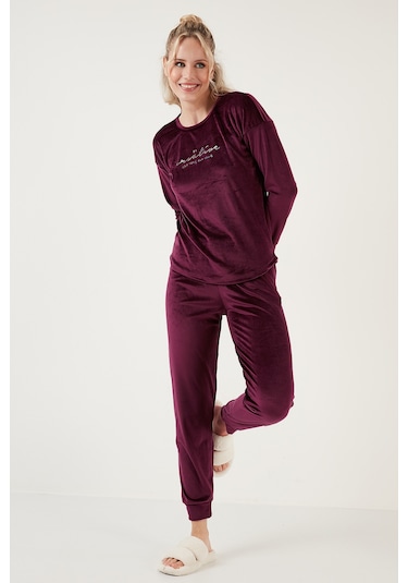 Lela Regular Fit Yumuşak Dokulu Kadife Bayan Pijama Takımı 6094200W4 Mor