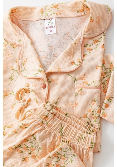 Uzun Kol Gömlek Yaka Kadın Pinterest Pijama Takımı - Mevsimlik Kadın Pijama- Geniş Beden Aralığı Turuncu