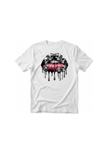 Kadın Kuru Kafa Dudak Baskılı Pamuklu T-shirt Beyaz