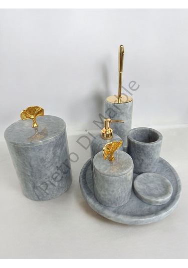 Gri Mermer Klasik Model 7 Parça Gold Renk Japon Gülü Aksesuarlı Banyo Seti Gri