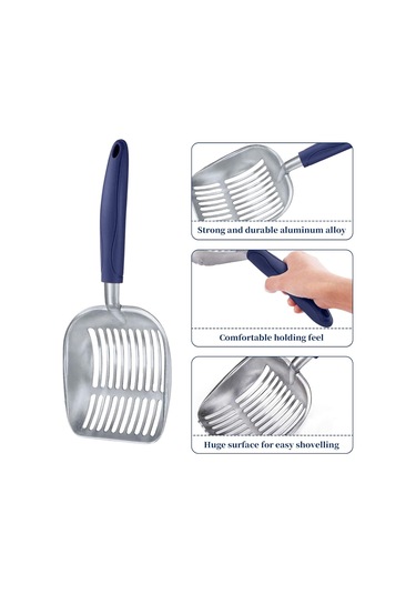 Geekyou Alüminyum Kedi Kumu Kova Kuşağı - Yumuşak Silikon Saplı, Kedi Şekilli Elek, Kolay Temizleme, Tüm Kedi Kumları İçin Koyu Mavi