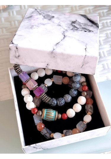 3.lü Doğal Taş Damarlı Akik,firuza Ve Jasper Taşı Doğaltaş Bileklik Mdl189188187 Çok Renkli