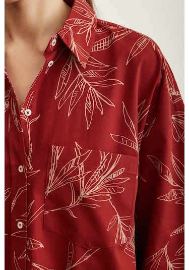 Never More Çiçek Desenli Poplin Gömlek Kiremit