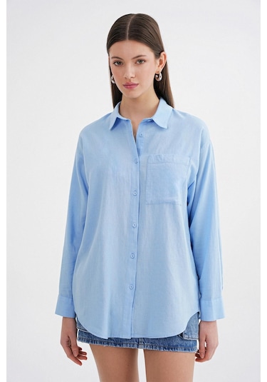 Mixray 4670 Kadın Cepli Oversize Basic Keten Gömlek Bebe Mavi