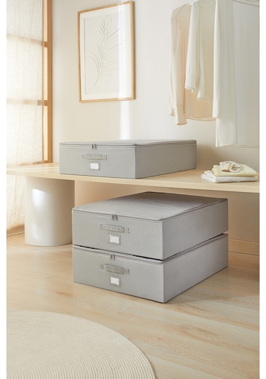 Ocean Home Textile 3'lü Büyük Boy Gri Balıksırtı Destekli Hurç Set 55 x 70 x 18 cm