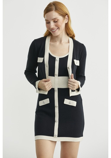 Blok Geçişli Elbise Hırka Triko Takım - Taş Taş