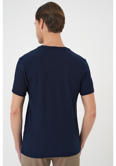 Comfort Fit Bisiklet Yaka Kabartma Desenli Casual Lacivert Tişört Ts 899 Lacivert