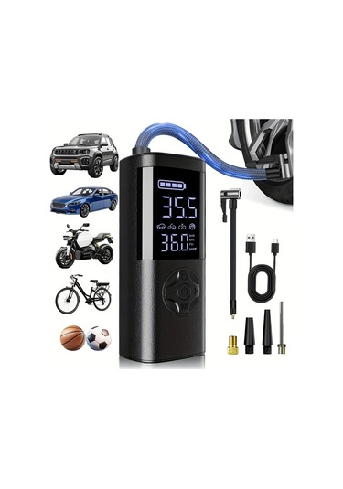 Primepickings Vc-036 Taşınabilir Lastik Şişirme Cihazı Hava Kompresörü 150psı 3x Hızlı Usb-c Şarjlı 18650 Pil Araba Motosiklet Bisiklet Toplar İçin Dijital Gösterge Led Işık Siyah