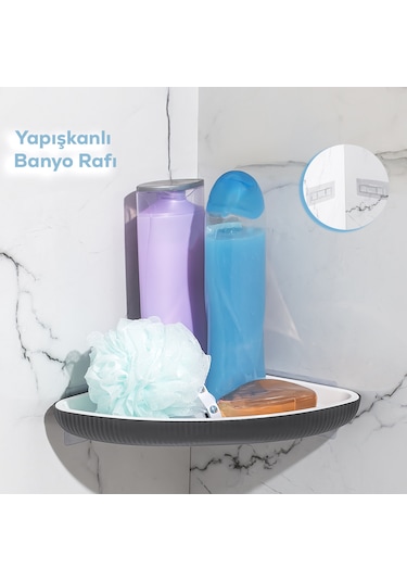 Porsima 0447 İstiridye Banyo Köşe Rafı Yapışkanlı Organizer Antrasit