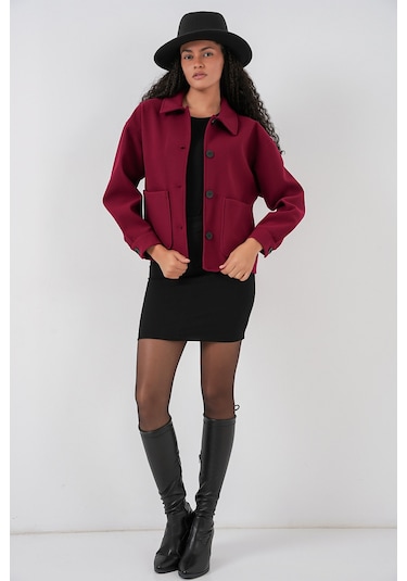 0713 Kadın Kaşe Ceket - Bordo Bordo