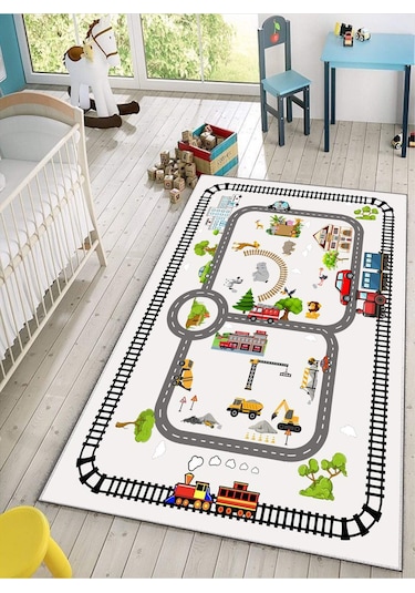 Trafik Tren Çocuk Oyun Halısı Kaymaz Makinede Yıkanabilir B1