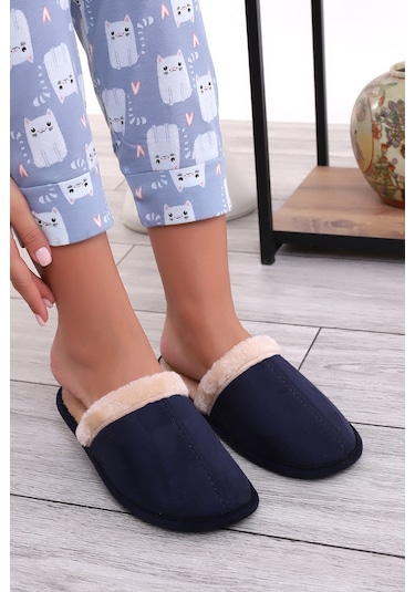 Wordex U050 Unisex Kışlık Ev İçi Terliği Kürklü Yünlü Terlik Lacivert