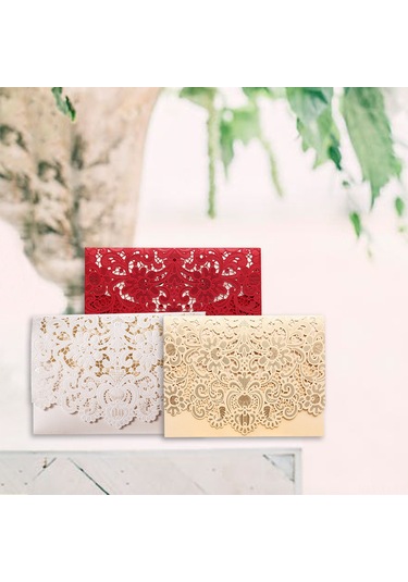 Shineyee 10 Adet Şampanya Renkli Delikli Desenli Davetiye Seti - Nişan, Düğün, Doğum Günü İçin Zarf + Kılıf + Boş İç Sayfa